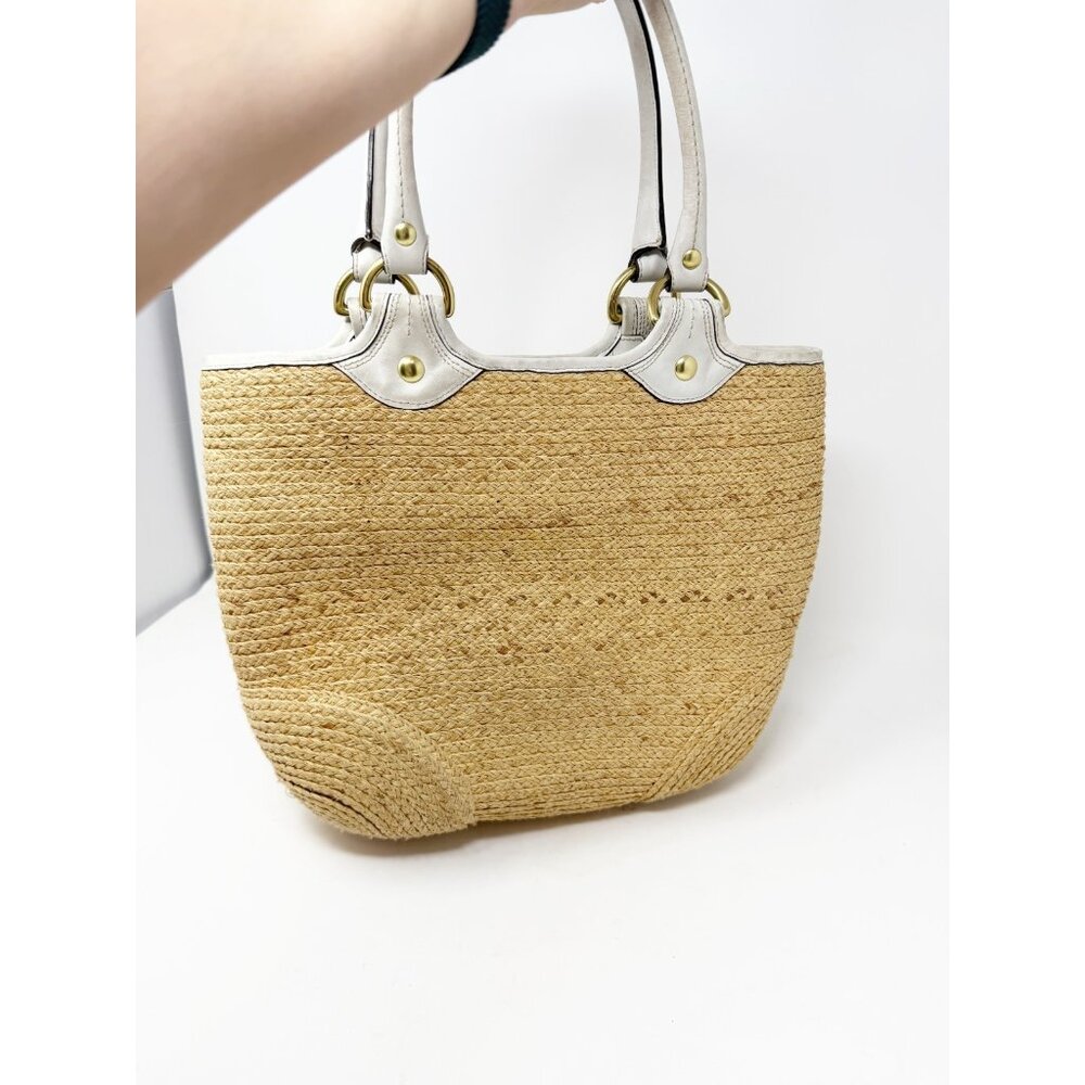 Coach Bleeker‎ Natural Straw Woven Tote Handbag Floral Detail Leather Trim Beige - Picture 5 of 5